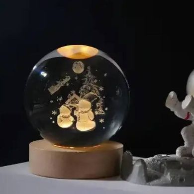 Шар акриловый Снеговики на луну 8см с подсветкой на подставке