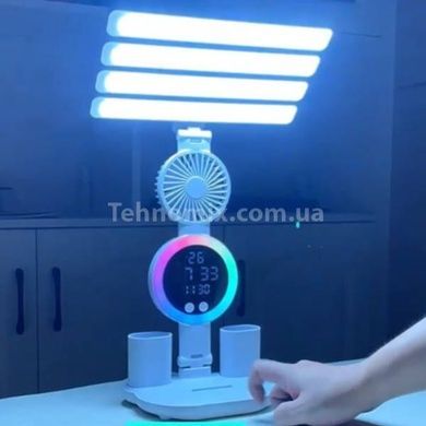 Лампа настольная с вентилятором и часами складная Белая