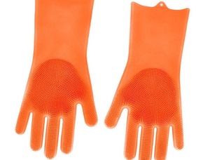 Силиконовые перчатки для мытья и чистки Magic Silicone Gloves с ворсом Оранжевые