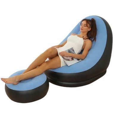 Надувний диван AIR SOFA Надувне велюрове крісло з пуфиком Блакитний