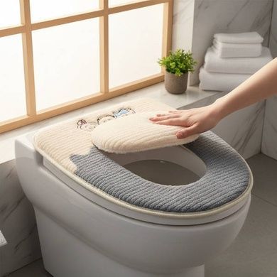 Чехол-сидение на унитаз с вышивкой двухцветный Fashion Toilet Cushion AND 02 Р Серый с бежевым
