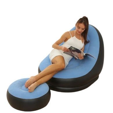 Надувний диван AIR SOFA Надувне велюрове крісло з пуфиком Блакитний