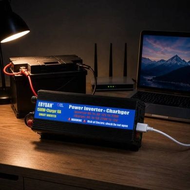 Перетворювач напруги з 12V&rarr;220V із вбудованим зарядним пристроєм 1500W+CHARGER 10A EYURANЧорний