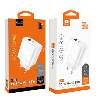 Зарядное устройство WUW-C208 30W PD USB-C + USB QC3.0 18W white