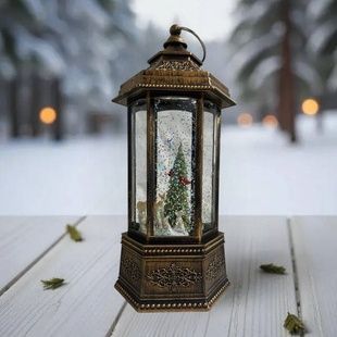 Новорічний ліхтар з ефектом снігопаду та мелодіям Звірі біля ялинки 12,5x11x27,2см LED USB HC-D004 Коричневий із золотим