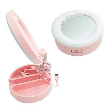 Круглое складное зеркало с LED подсветкой Live Makeup G3 Розовое