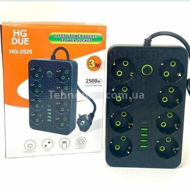 Сетевой фильтр с USB (8&times;220В+4&times;USB+1&times;Type-C) HG-2528 3 метра Черный