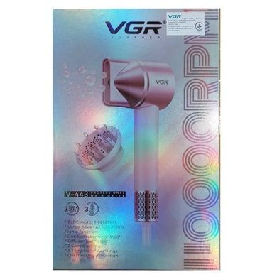 Фен профессиональный 2 уровня обдува, 3 уровня температуры, 110000 RPM, 2 насадки VGR V-443 Розовый