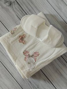 Набір жіночий сауну (рушник-спідниця, чалма, тапочки) Pupilla Butterfly krem ​​Бамбук