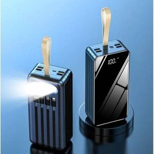 Power Bank со встроеными кабелями для зарядки и фонариком USB, MicroUSB, TypeC 40000mAh Черный