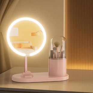 Дзеркало з LED підсвічуванням кругле + органайзер для зберігання косметики 6016 Рожеве