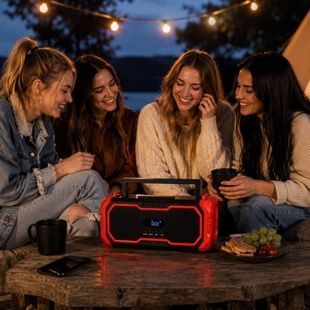 Колонка портативная аккумуляторная с микрофоном и фонариком Bluetooth TS-5576 Черная с красным