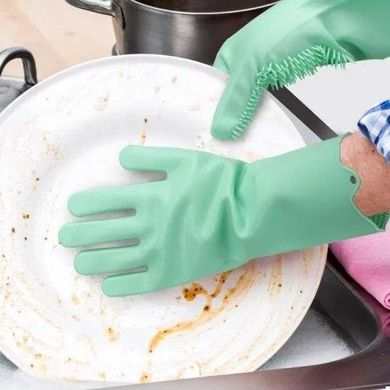 Силіконові рукавички для миття і чищення Magic Silicone Gloves з ворсом М'ятні