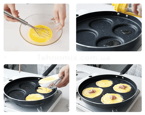 Порційна сковорода з поділом та поглибленнями для яєчні та млинців