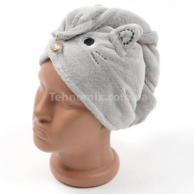 Чалма-рушник з мікрофібри з вишивкою Котик 25x65см 30123-1 Сіра