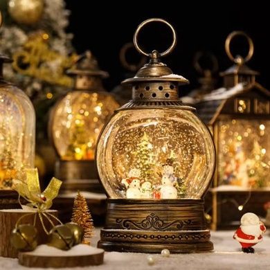 Новорічний нічник Вінтажний ліхтар зі сніговиками круглий XMAS WDL-2103C Коричневий