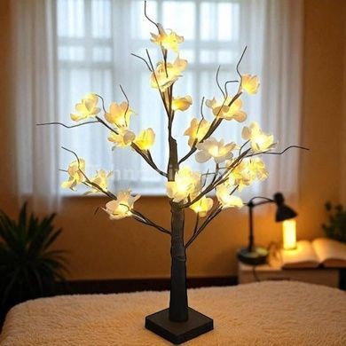 Ночник настольный Молодое дерево светящееся 24 LED, питание от USB или 3 батарейки АА Черный ствол и белые