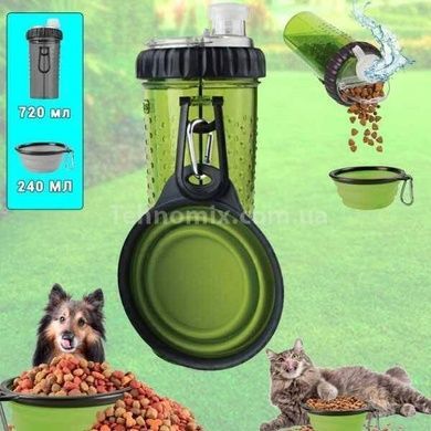 Поїлка-годівниця для тварин подвійна зі складною мискою Pet Drink Bottle Зелена