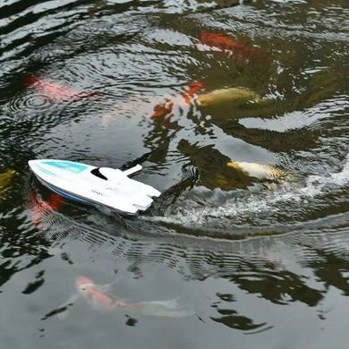 Катер на радіокеруванні акумуляторний водонепроникний з підсвіткою та підставкою S 322 E Білий з блакитним