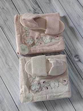 Набір жіночий сауну (рушник-спідниця, чалма, тапочки) Pupilla Flowers pudra Бамбук