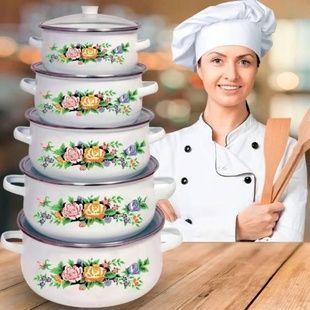 Набір емальованих каструль 10 предметів з кришками Zepline ZP-321 (помаранчева та рожева квітка) Білий