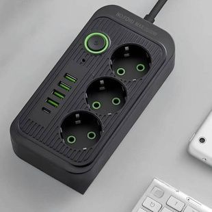 Сетевой фильтр удлинитель 2м 3*220V, 4USB + Type-C Power-Socket F09U Черный