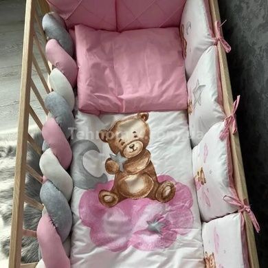 Бортик в детскую кроватку Косичка 120*18см ткань Велюр Bimbo Розовая с серым