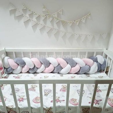 Бортик в детскую кроватку Косичка 120*18см ткань Велюр Bimbo Розовая с серым