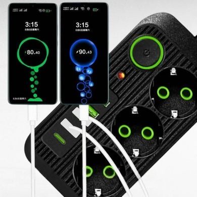 Мережевий фільтр подовжувач 2м 3*220V, 4USB + Type-C Power-Socket F09U Чорний
