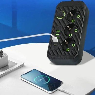 Мережевий фільтр подовжувач 2м 3*220V, 4USB + Type-C Power-Socket F09U Чорний