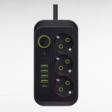 Мережевий фільтр подовжувач 2м 3*220V, 4USB + Type-C Power-Socket F09U Чорний