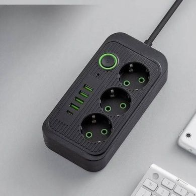 Мережевий фільтр подовжувач 2м 3*220V, 4USB + Type-C Power-Socket F09U Чорний