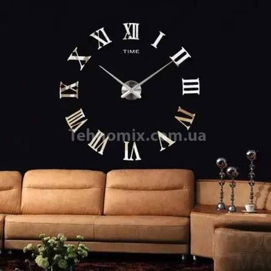 Настінний годинник "Зроби сам" великий з римськими цифрами 3D DIY CLOCK Срібло