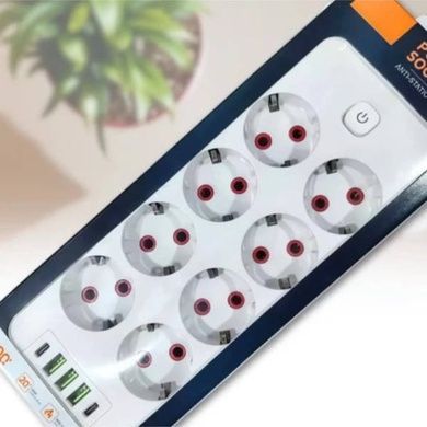 Удлинитель 8*220V, 3USB, 2 Type-C 2500W 5м Power Socket Белый