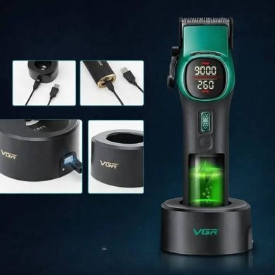 Машинка для стрижки аккумуляторная с 10 сменными насадками VGR V-885C GREEN Черная с зеленым