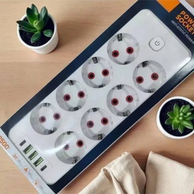 Удлинитель 8*220V, 3USB, 2 Type-C 2500W 5м Power Socket Белый