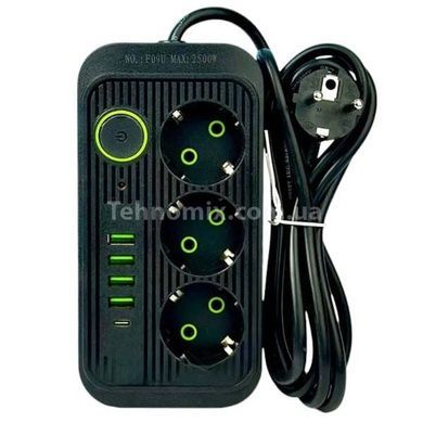 Мережевий фільтр з USB (3&times;220В+4&times;USB+1&times;Type-C) QL-1074U 5 метрів Чорний