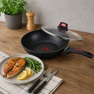 Сковорода антипригарная глубокая WOK с крышкой и термоиндикатором нагрева, 26см, BN-835 Чёрная