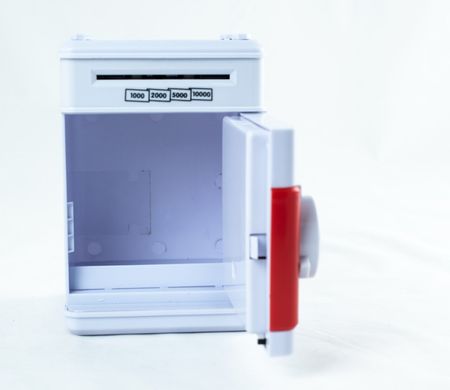Электронная копилка "Сейф банкомат" с кодовым замком и купюроприемником Бело - красная