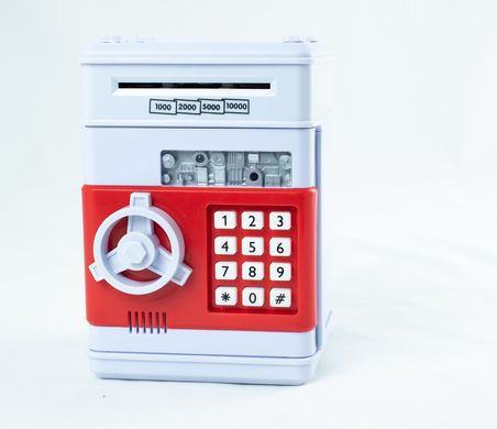 Электронная копилка "Сейф банкомат" с кодовым замком и купюроприемником Бело - красная