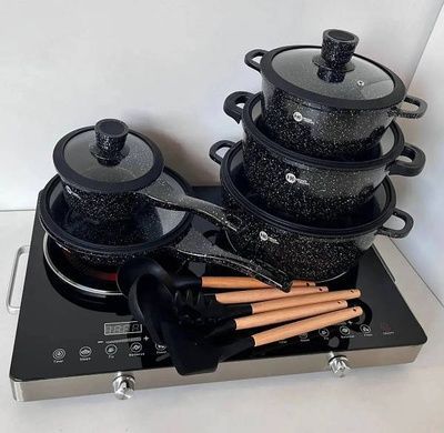 Набір посуду гранітний + набір начиння 17 предметів HIGHER+KITCHEN HK-316 Чорний
