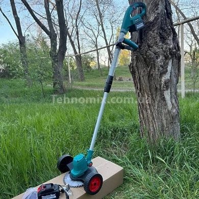 Газонокосилка аккумуляторная с колесами 168Вт с двумя аккумуляторами в комплекте Mulin Sen 8868 Голубая