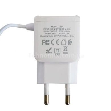 Зарядний пристрій на 2 USB з вбудованим кабелем Micro-USB HOCO 2.4A IPH