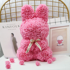 Кролик из роз 38 см Розовый + подарочная упаковка