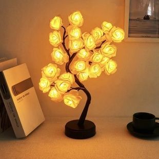 Ночник настольный Роза желтая светящаяся, питание от батареек /USB 24 led Черный ствол и желтые цветки