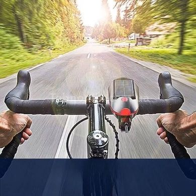 Велофара акумуляторна із сонячною батареєю та сигналом 7599 Чорна з червоним
