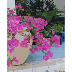 Картина за номерами Strateg ПРЕМІУМ Рожеві квіти на підвіконні з лаком розміром 40х50 см (SY6824)