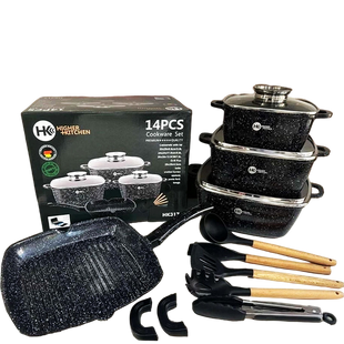 Набір посуду гранітний + набір начиння 14 предметів HIGHER+KITCHEN HK-317 Чорний