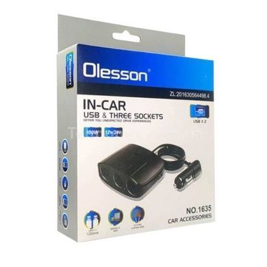 Автомобільний трійник-подовжувач у прикурювач Olesson 1635 2USB 12V/24V Чорний