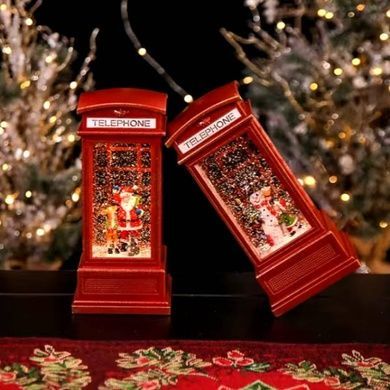 Новорічний музичний світильник від батарей та USB Телефонна будка 20*9*9 Червона Сніговик